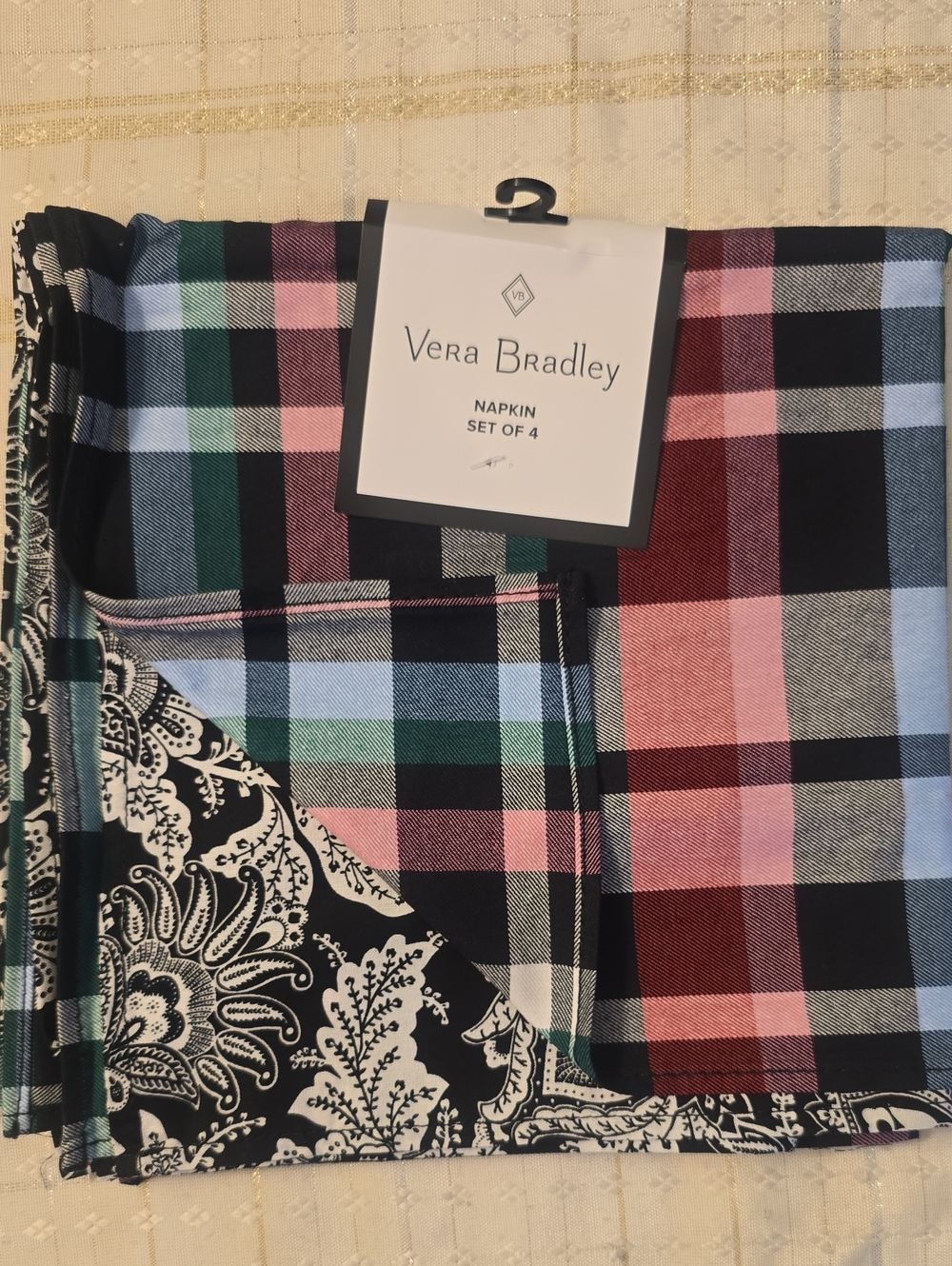Vera Bradley Set Of 4 Napkin Set Ribbons Plaid & Paisley 100% Cotton New